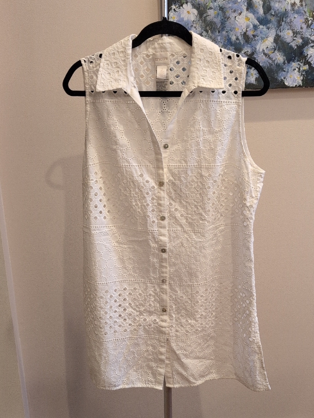 Chico's White Sleeveless Eyelet Button-Down Beach Cover-up.